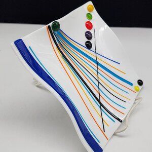 Studio Art Fused Glass Plate Colorful Lines Dots Wavy Square Shape 80s Style
